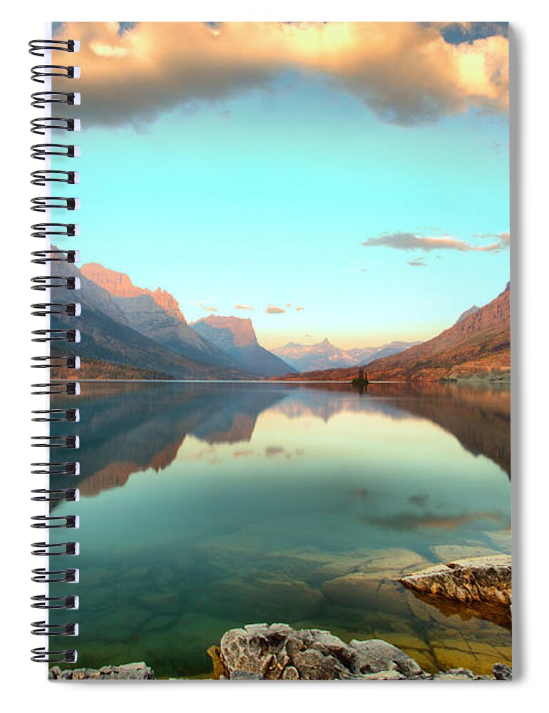 St Mary Lake Spiral Notebook featuring the photograph St Mary Lake Clouds And Sunrise by Adam Jewell