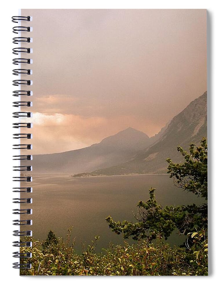 St Mary Lake Spiral Notebook featuring the photograph St Mary Lake in the Smoke by Tracey Vivar