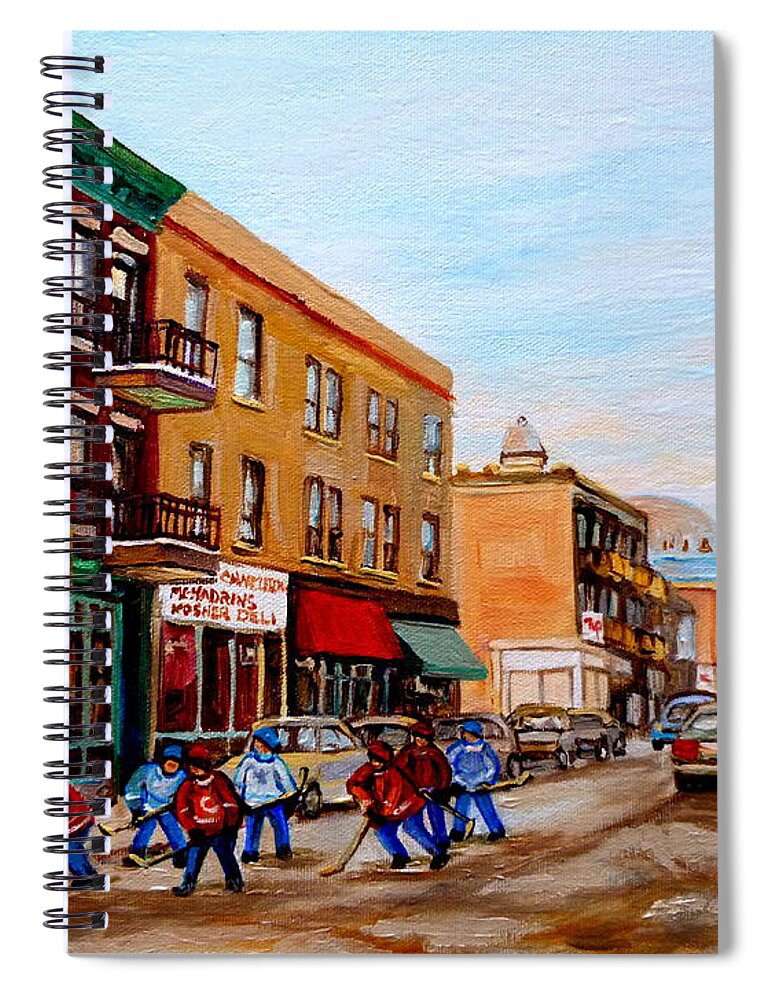 Montreal Spiral Notebook featuring the painting St. Viateur Bagel Hockey Game by Carole Spandau