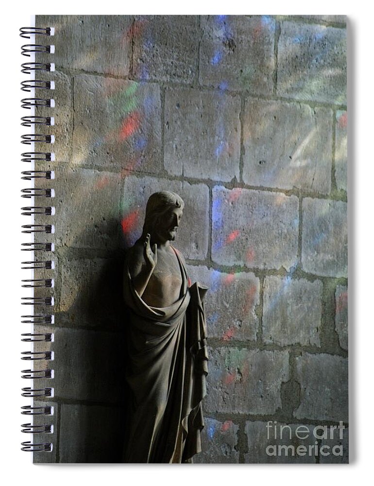 Notre Dame Spiral Notebook featuring the photograph Stained glass illuminates Christ by Christine Jepsen
