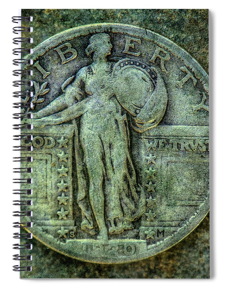 Old Silver Coin Spiral Notebook featuring the digital art Standing Libery Quarter Obverse by Randy Steele