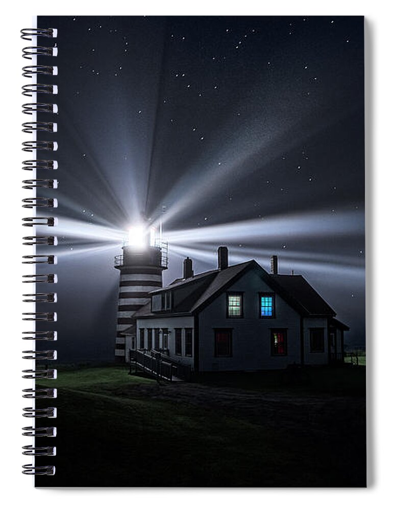 West Quoddy Head Lighthouse Spiral Notebook featuring the photograph Stars and Light Beams - West Quoddy Head Lighthouse by Marty Saccone