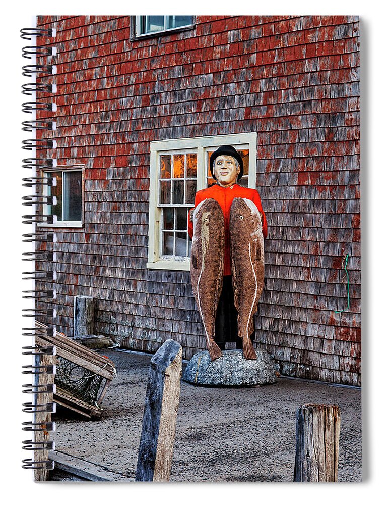 Peggy’s Cove Spiral Notebook featuring the photograph Statue of Fisherman Holding Cod Peggy's Cove by Carol Leigh