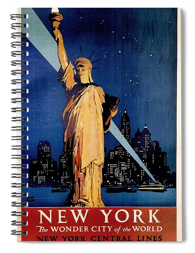 Statue Of Liberty Spiral Notebook featuring the painting Statue of Liberty at night - New York City Vintage Poster by Studio Grafiikka