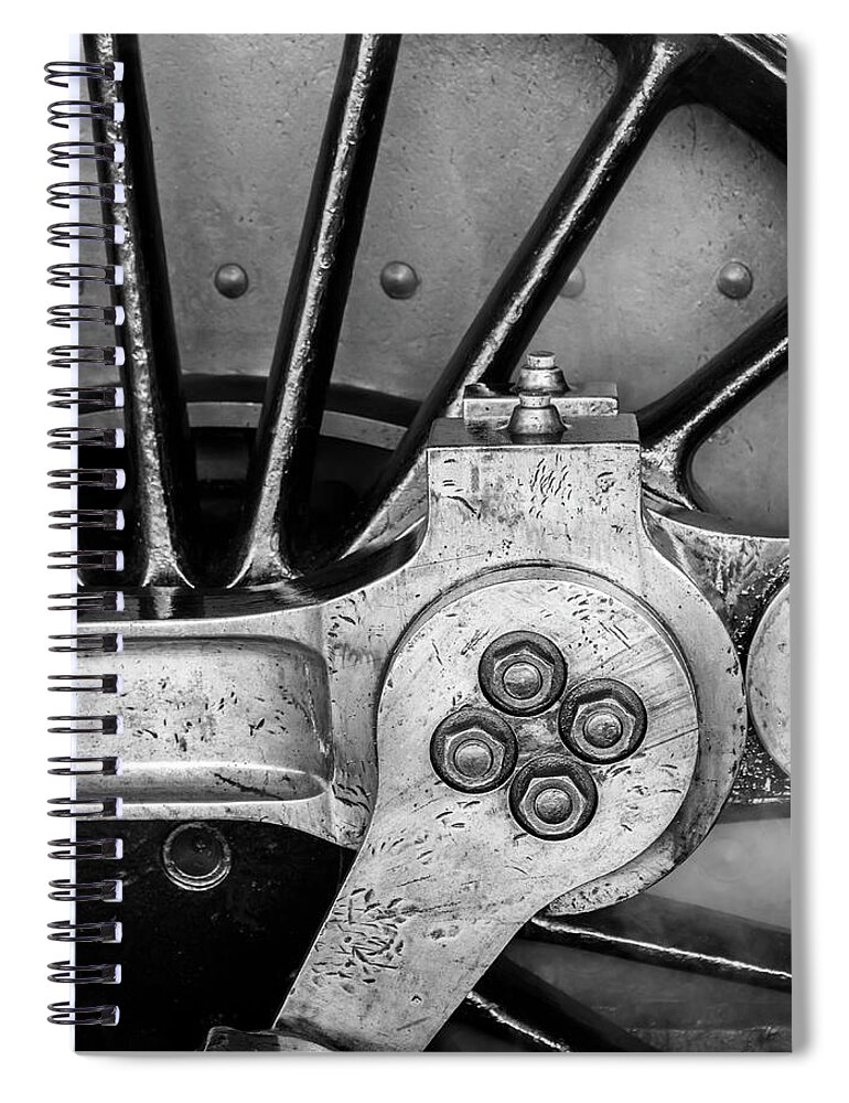 Vintage Spiral Notebook featuring the photograph Steam Engine Wheel BW by Rick Deacon