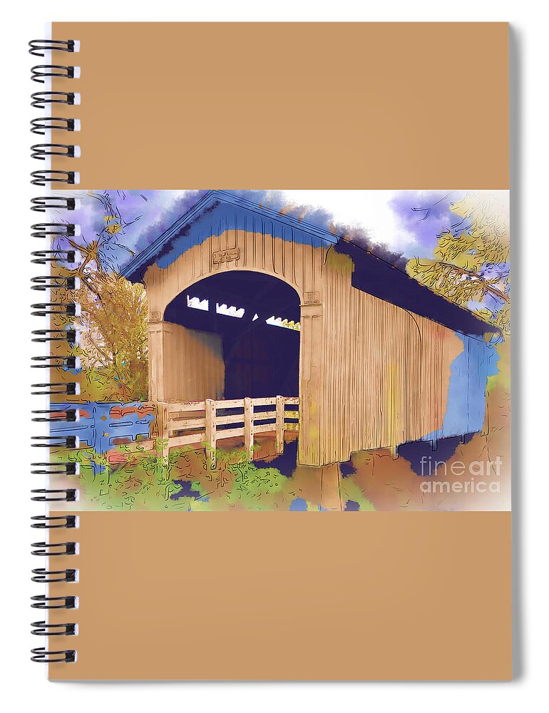 Covered-bridge Spiral Notebook featuring the digital art Stewart Bridge In Watercolor by Kirt Tisdale