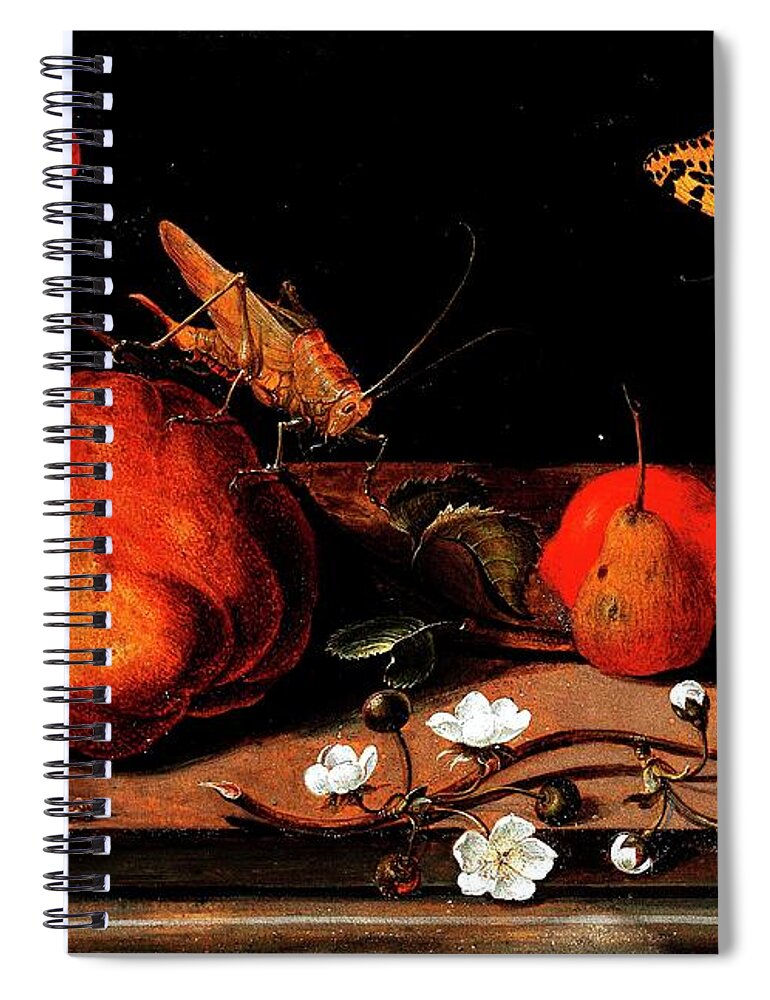 Pd: Reproduction Spiral Notebook featuring the painting Still life fruit grasshopper butterfly by Thea Recuerdo
