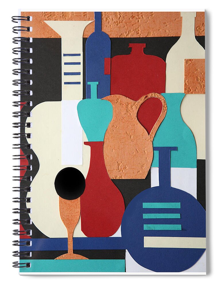 Still Life Spiral Notebook featuring the mixed media Still life paper collage of wine glasses bottles and musical instruments by Mal Bray