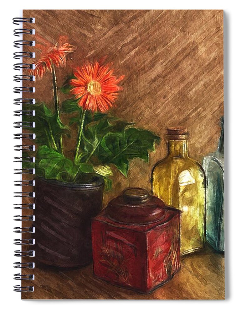 Still Life Spiral Notebook featuring the photograph Still Life With Gerber, Bottles, And Tin by Mark Fuller