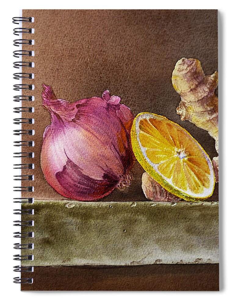 Onion Spiral Notebook featuring the painting Still Life With Onion Lemon And Ginger by Irina Sztukowski