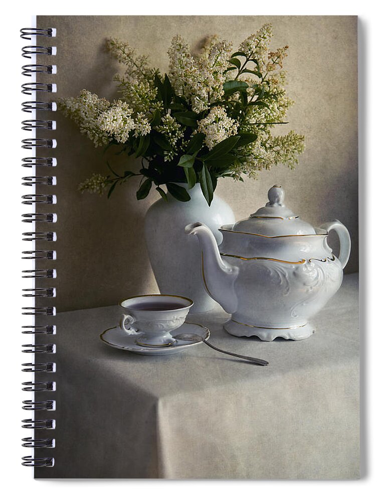 Still Life Spiral Notebook featuring the photograph Still life with white tea set and bouquet of white flowers by Jaroslaw Blaminsky