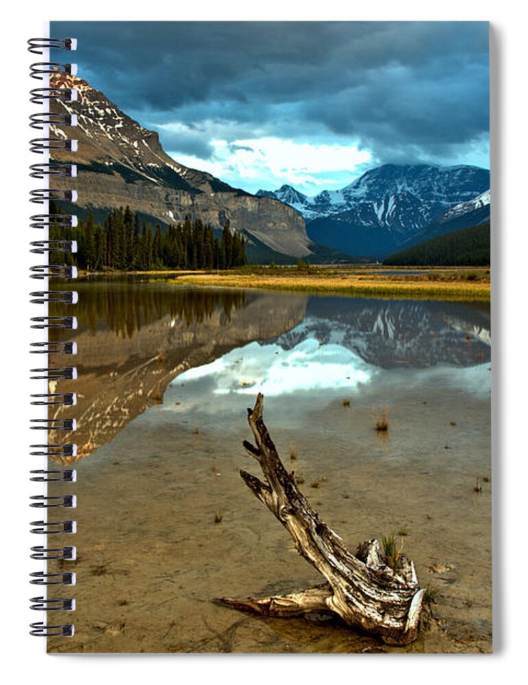 Beauty Creek Spiral Notebook featuring the photograph Storm Clouds And Mt. Chephren Reflections by Adam Jewell