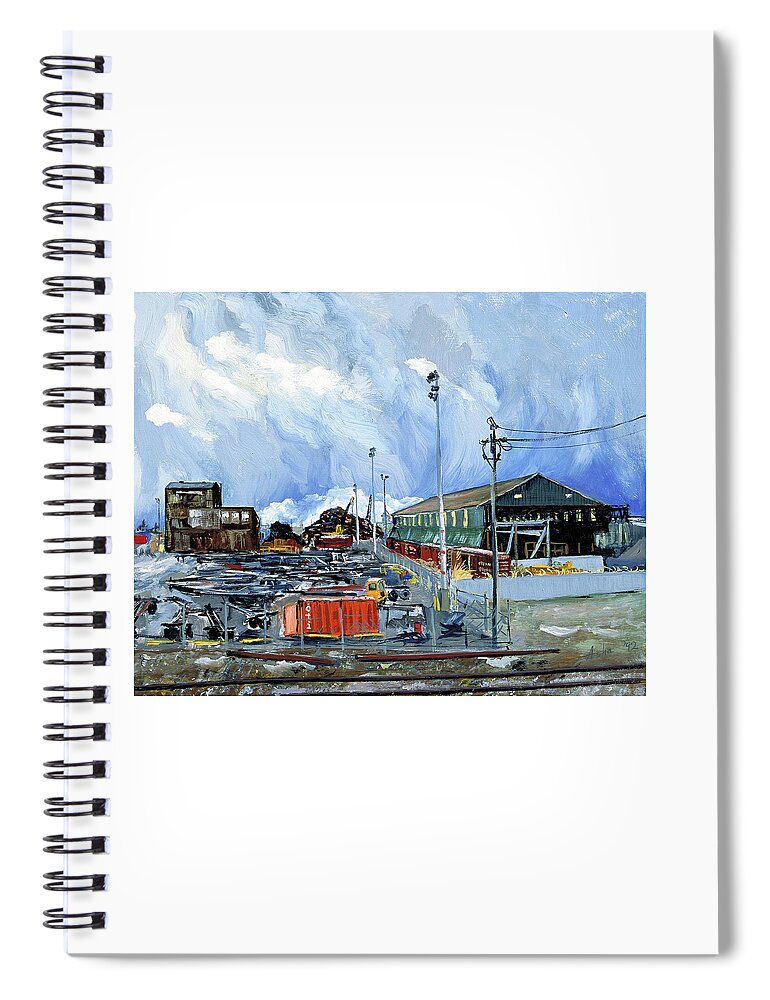 Industrial Landscape Painting Spiral Notebook featuring the painting Stormy Sky Over Shipyard and Steel Mill by Asha Carolyn Young