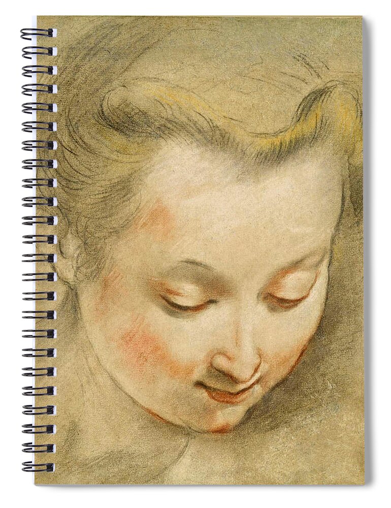Federico Barocci Spiral Notebook featuring the drawing Study of the Head of a Young Woman looking down to the Right by Federico Barocci