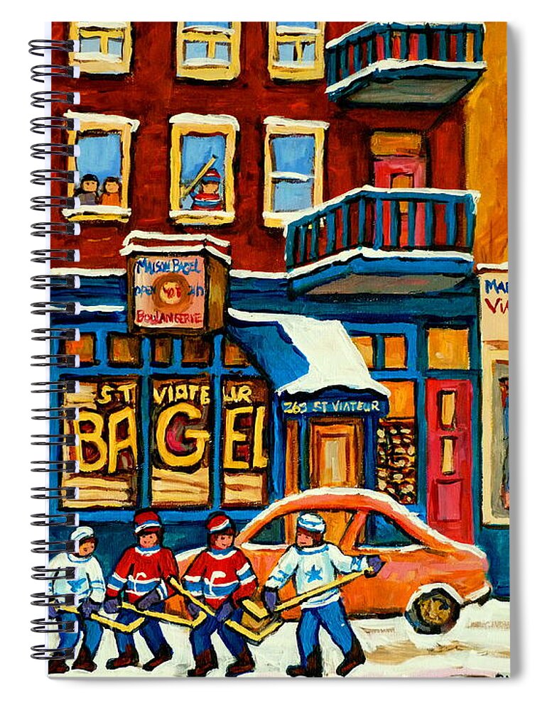 St.viateur Bagel Spiral Notebook featuring the painting St.viateur Bagel Hockey Montreal by Carole Spandau