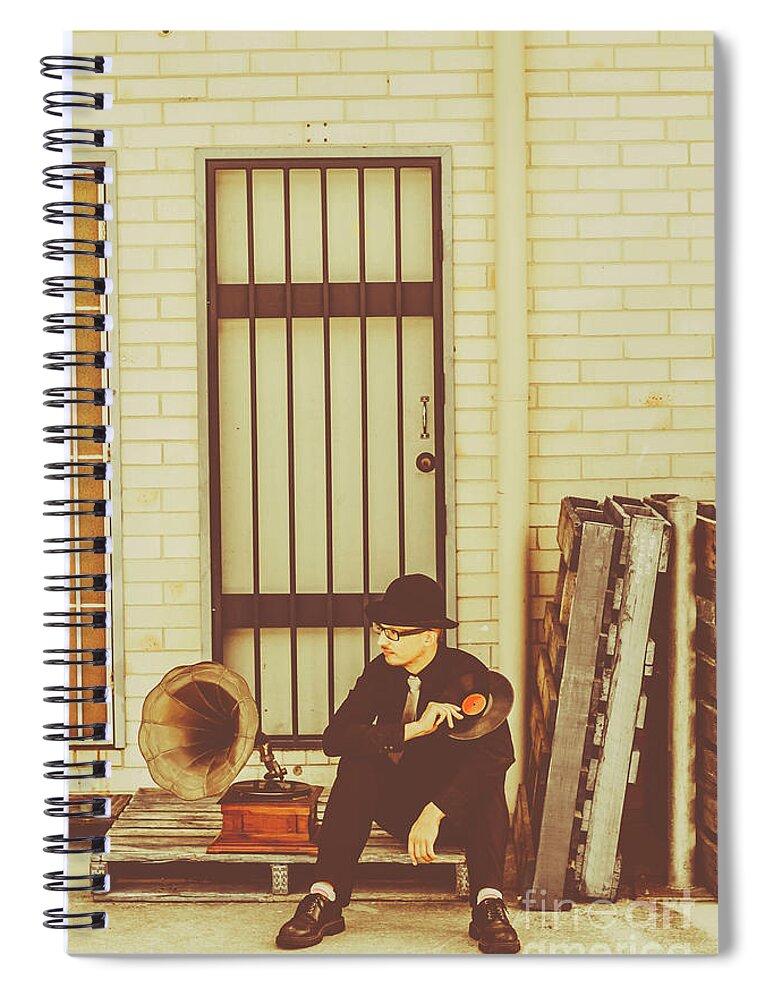 Record Spiral Notebook featuring the photograph Stylish man with LP beside gramophone by Jorgo Photography