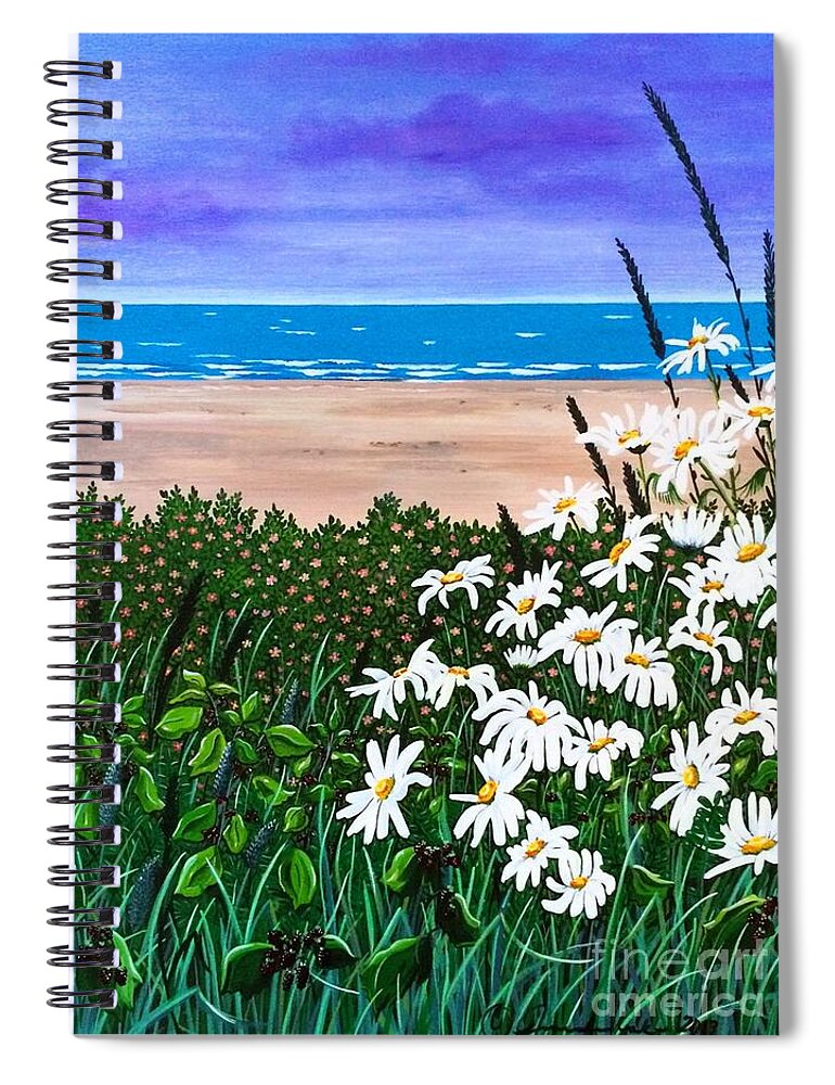 Paitning|ocean|atlantic|pacific|sea|waves|clouds|daisies|grass|floral|flowers| Spiral Notebook featuring the painting Summer Breezes Make Me Feel Fine by Jennifer Lake