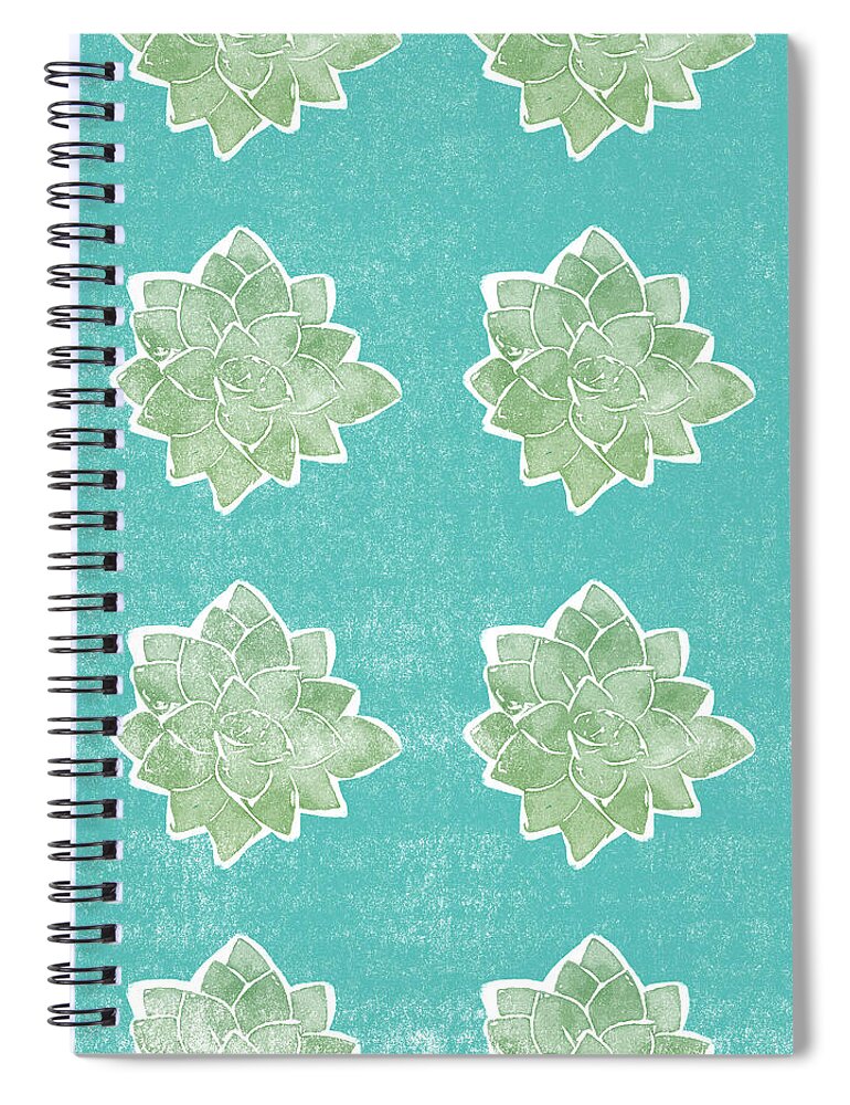 Succulents Plant Garden Boho Chic Floral Botanical Blue Green White Weathered Pattern Summer Spring Nature Plant Lover Home Decorairbnb Decorliving Room Artbedroom Artcorporate Artset Designgallery Wallart By Linda Woodsart For Interior Designersgreeting Cardpillowtotehospitality Arthotel Artart Licensing Spiral Notebook featuring the mixed media Summer Succulents- Art by Linda Woods by Linda Woods