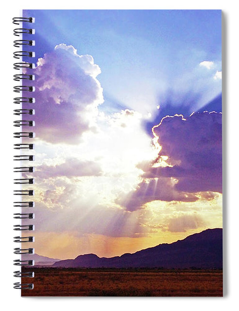 Sun Spiral Notebook featuring the photograph Sun Rays Over The Desert by J Marielle