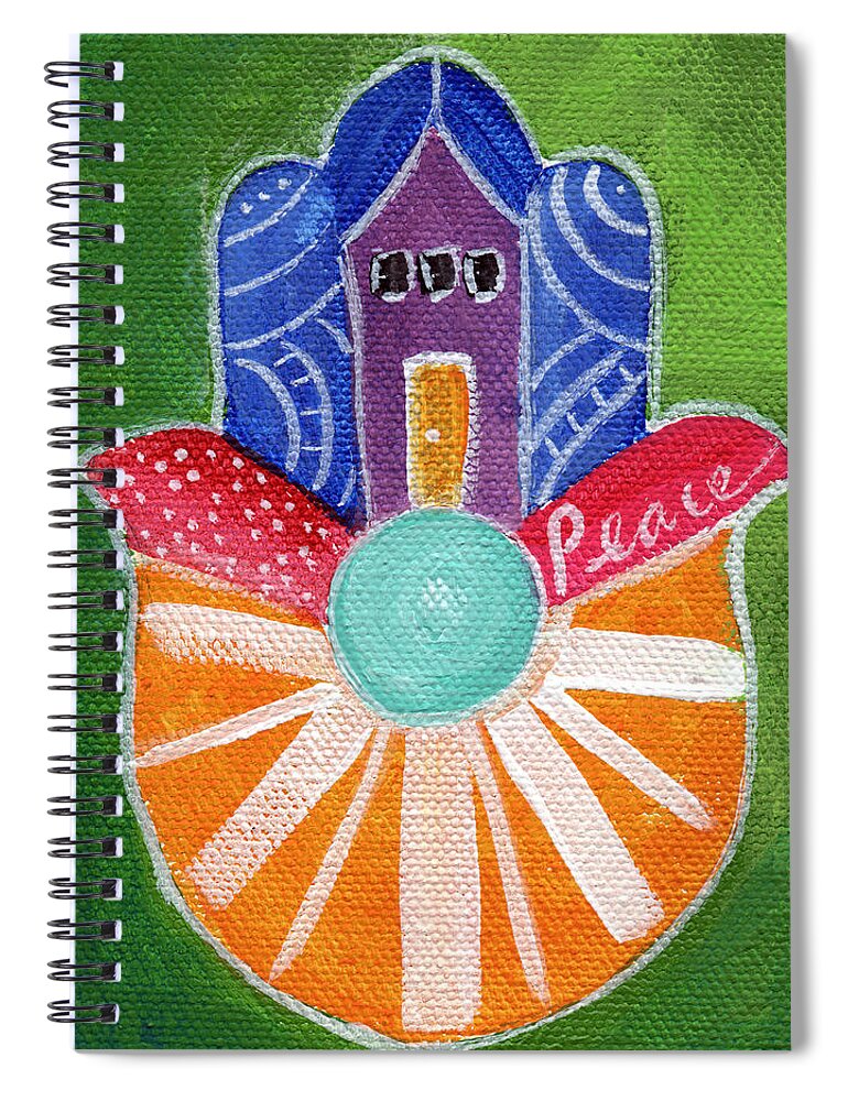 Hamsa Spiral Notebook featuring the painting Sunburst Hamsa by Linda Woods