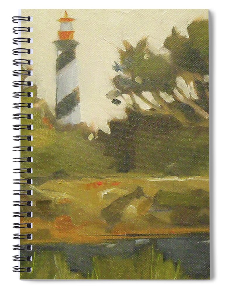 Lighthouse Spiral Notebook featuring the painting Sunday Lighthouse by Mary Hubley