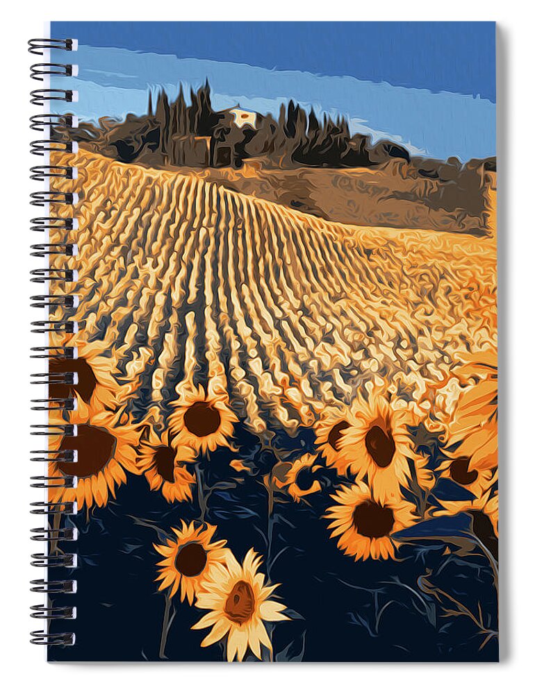 Sunflower Landscape Spiral Notebook featuring the painting Sunflower Paradise by AM FineArtPrints