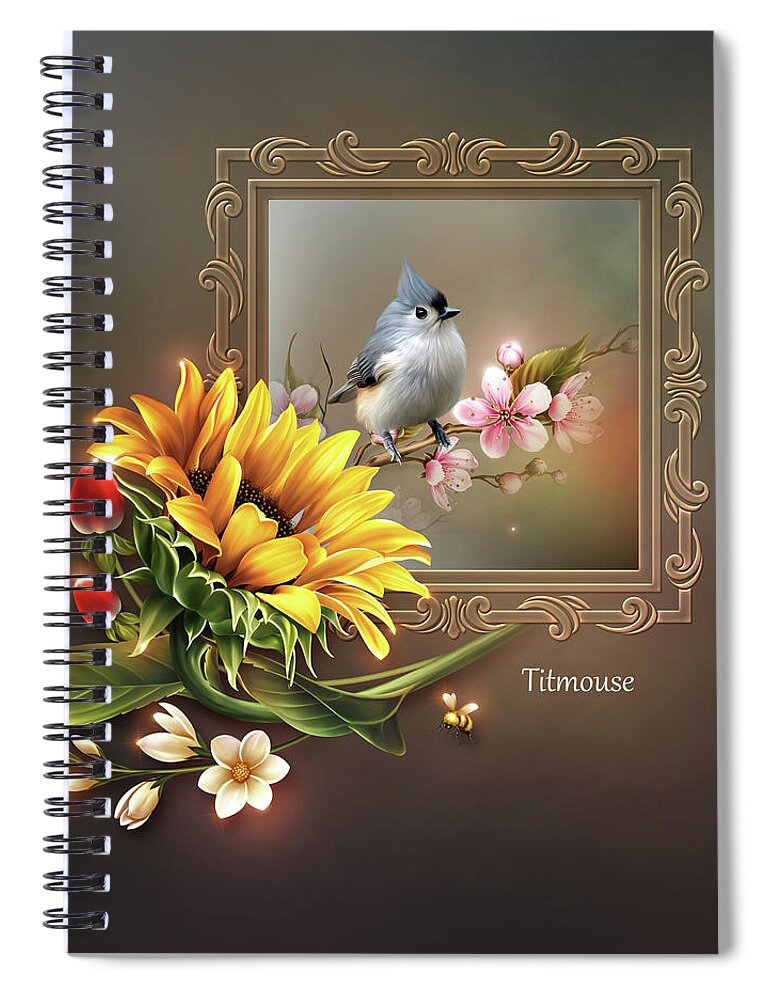 Sunflower Scene - Titmouse Bird Spiral Notebook featuring the digital art Sunflower Scene - Titmouse Bird by John Junek
