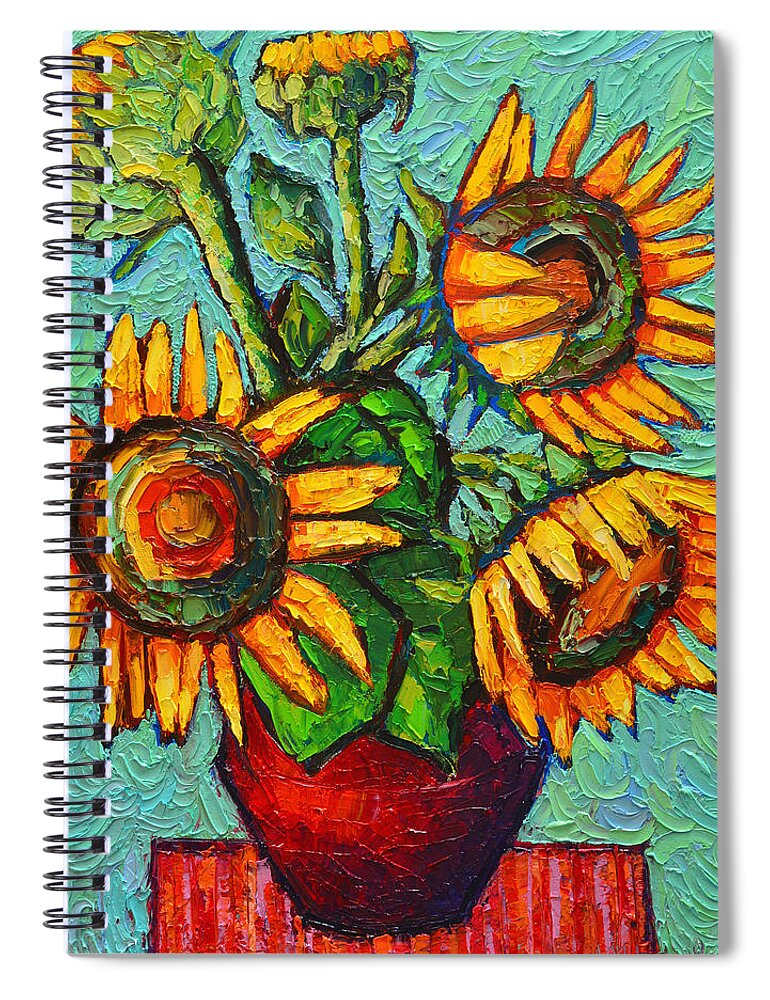 Sunflowers Spiral Notebook featuring the painting Sunflowers In Red Vase Original Oil Painting by Ana Maria Edulescu