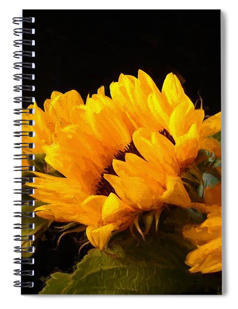 Flowers Spiral Notebook featuring the digital art Sunflowers on a Black Background by Charmaine Zoe