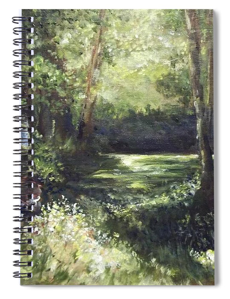 Sunlight Spiral Notebook featuring the painting Sunlight Clearing In The Woods by Lizzy Forrester