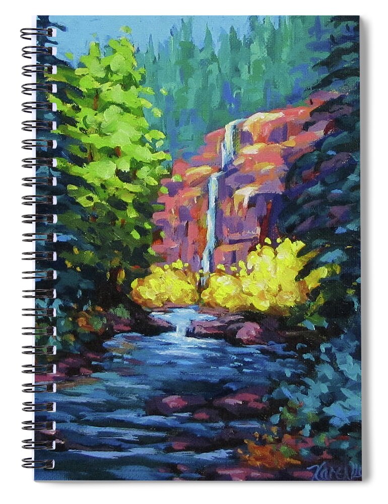 Color Spiral Notebook featuring the painting Sunlit Waterfall by Karen Ilari