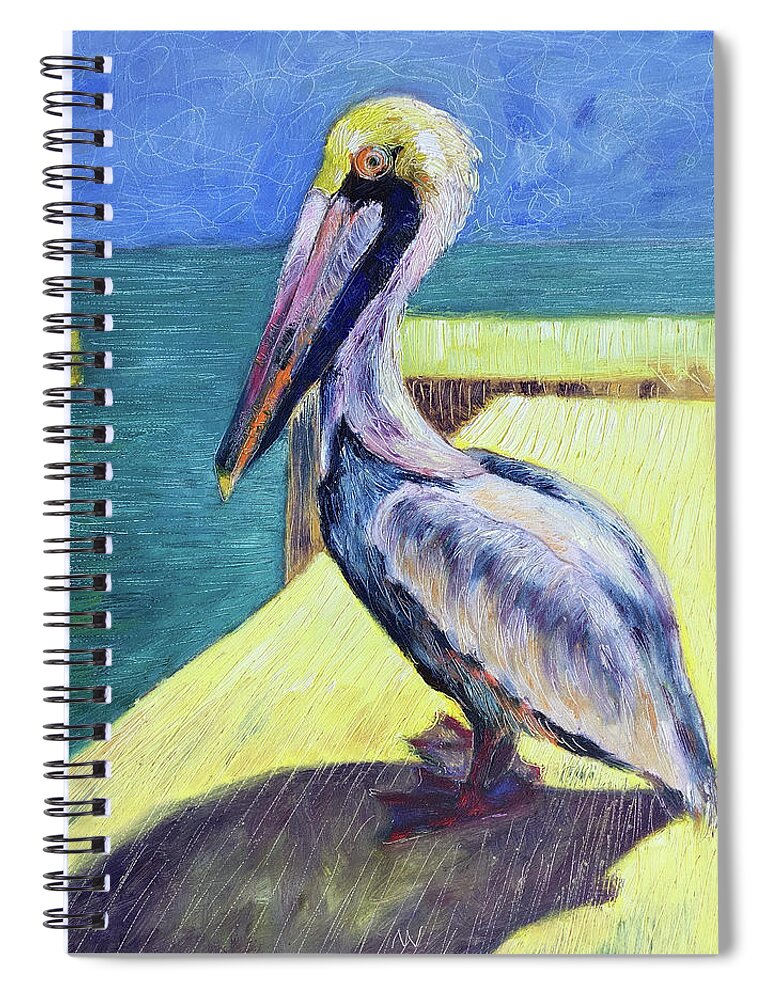 Pelican Spiral Notebook featuring the painting Sunny Pelican by AnneMarie Welsh