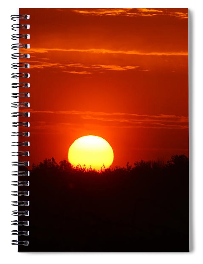 Sun Set ;early Morning Sun Rise; The Glow Of The Morning Sun; Across The Field Above The Trees; He Said Let There Be Light Spiral Notebook featuring the photograph Sunrise by Robin Coaker