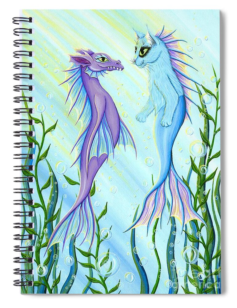 Mermaid Cat Spiral Notebook featuring the painting Sunrise Swim - Sea Dragon Mermaid Cat by Carrie Hawks