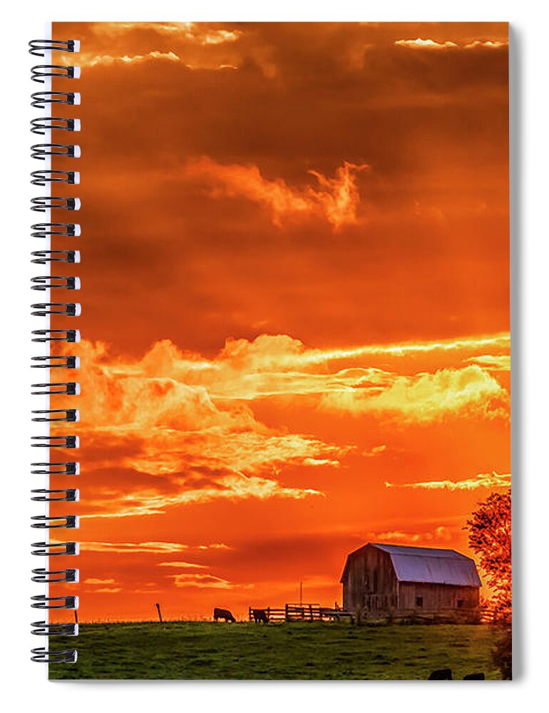 Sunset Spiral Notebook featuring the photograph Sunset Barn and Cattle by Thomas R Fletcher