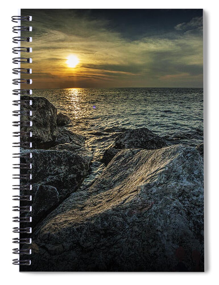 Sea Spiral Notebook featuring the photograph Sunset from the Channel Breakwater Rocks by Randall Nyhof