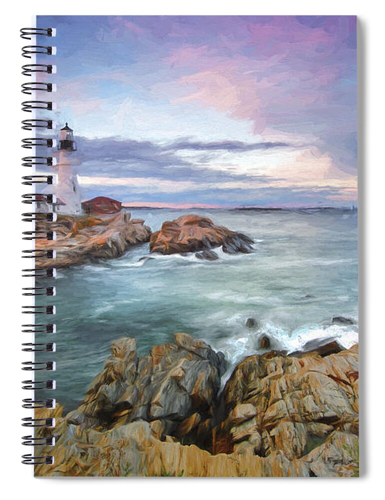 Maine Spiral Notebook featuring the digital art sunset lighthouse III by Jon Glaser