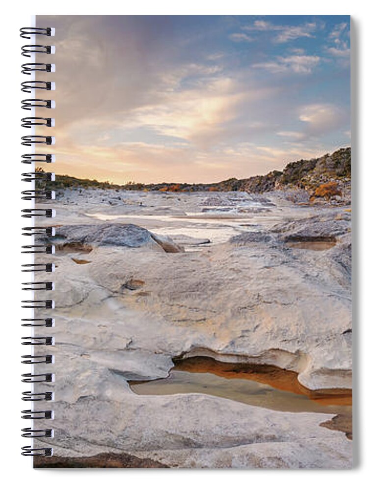 Pedernales Spiral Notebook featuring the photograph Sunset Panorama of the Pedernales River at Pedernales Falls State Park - Jonhson City Hill Country by Silvio Ligutti