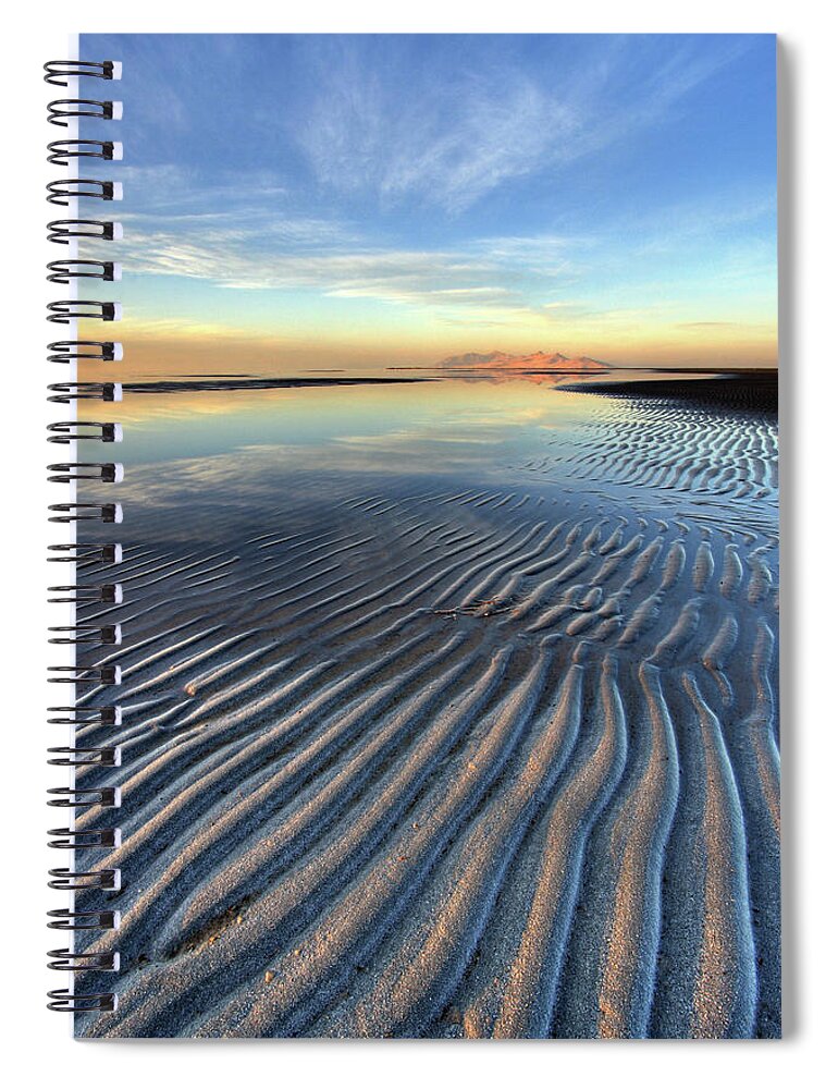 Landscape Spiral Notebook featuring the photograph Sunset Ripples and Antelope Island by Brett Pelletier