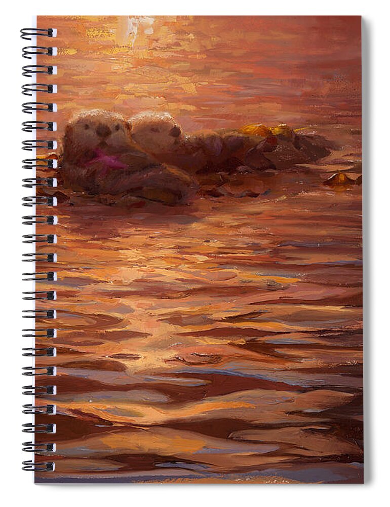 Coastal Decor Spiral Notebook featuring the painting Sea Otters Floating With Kelp at Sunset - Coastal Decor - Ocean Theme - Beach Art by K Whitworth