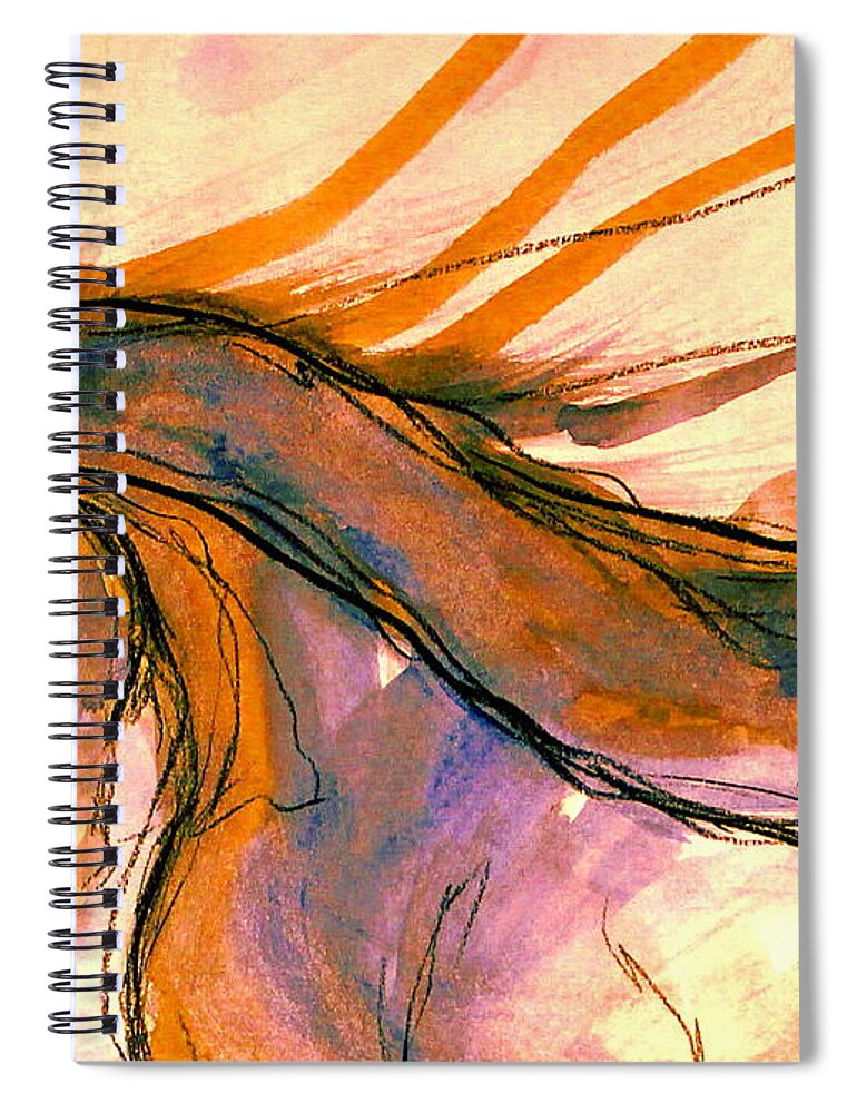 Dressage Dancing Horse Abstract Mixed Media Pirouette Equine Expression Extension Freedom Grand Prix Music Racing Racehorse Impulsion Lipizzaner Musical Freestyle Lightness Majestic Passage Piaffee Pura Raza Espanola Quarterhorse Thoroughbred Arabian Andalusian Balance Cadence Canter Dutch Warmblood Show Jumping Spanish Sporthorse Strength Submission Trakehner Transitions Westphalian Colorful Animal Whimsical Tempi Changes Gypsy Vanner Stallion Elasticity Eventing Equitation Equestrian Half-pass Spiral Notebook featuring the mixed media Sunset Submission by Jennifer Fosgate