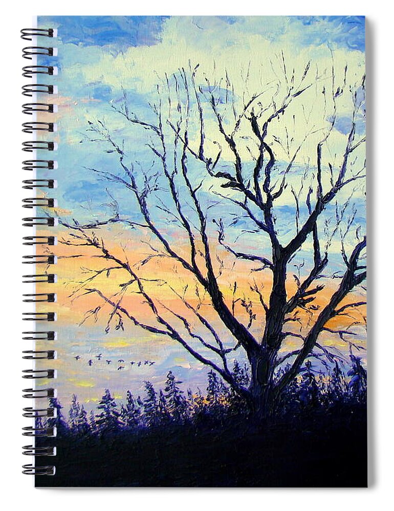 Tree Spiral Notebook featuring the painting Sunset with the Geese by Lisa Rose Musselwhite