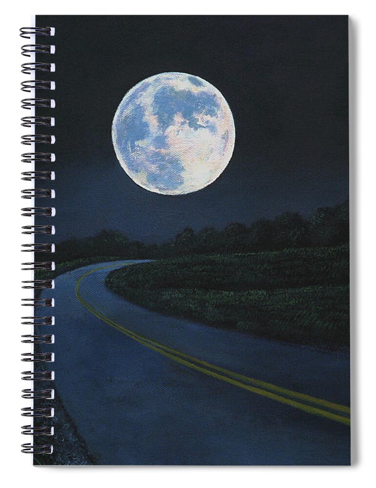 Super Moon Spiral Notebook featuring the painting Super Moon at the end of the road by Christopher Shellhammer