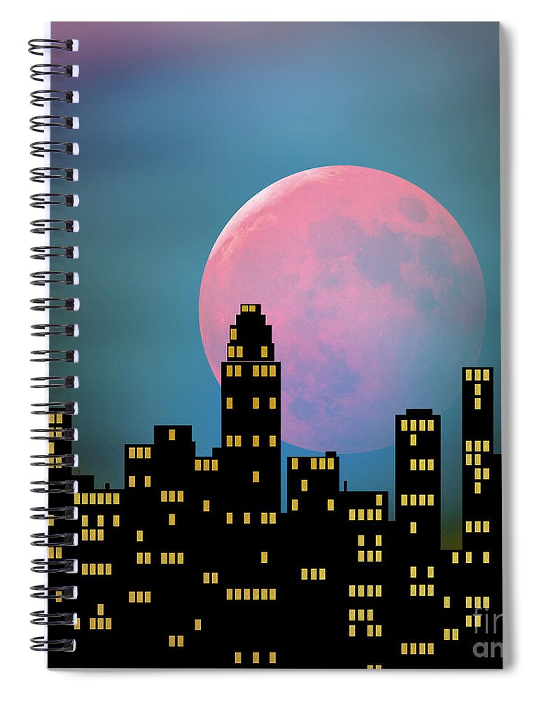 Abstract Spiral Notebook featuring the digital art Supermoon over the City by Klara Acel