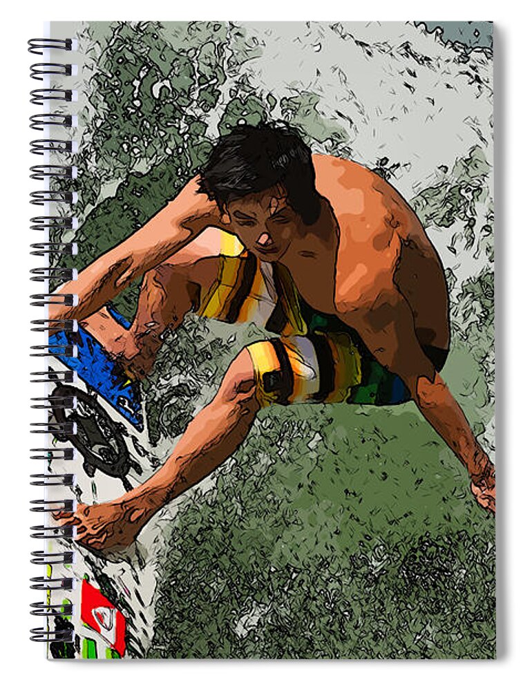 Surf Surfing Waves Cool One On Board Surfboard Surfboarding Action Shot Riding Man Boy Hitting The Scene Landscape Asian Spiral Notebook featuring the photograph Surf by Andrew Michael