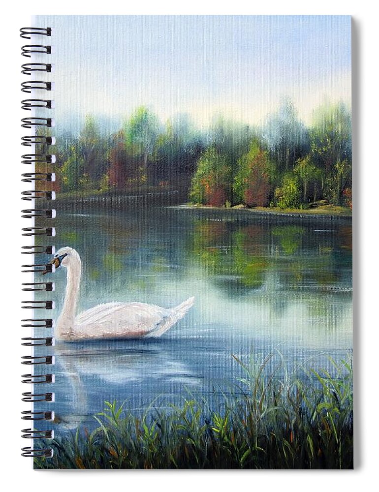 Landscape Spiral Notebook featuring the painting Swan Lake by Vesna Martinjak