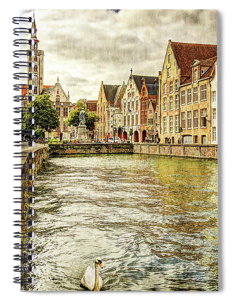 House Spiral Notebook featuring the photograph Swan on a Bruges canal - Vintage by Weston Westmoreland