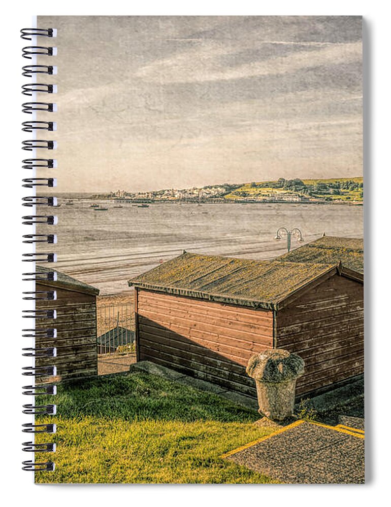 Swanage Spiral Notebook featuring the mixed media Swanage Beach huts and the Bay by Linsey Williams