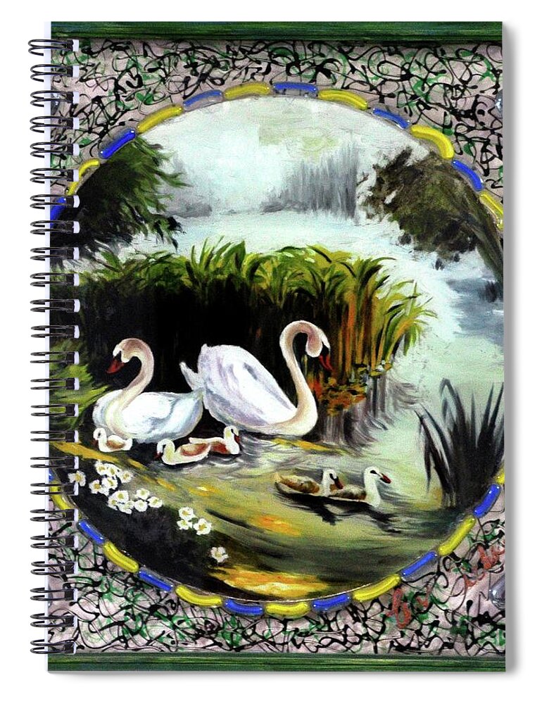 Swan Spiral Notebook featuring the mixed media SWANS - Family by Richa Malik