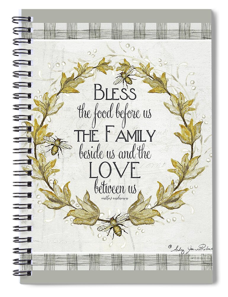 Bless The Food Spiral Notebook featuring the painting Sweet Life Farmhouse 4 Laurel Leaf Wreath Bee Bless This Food by Audrey Jeanne Roberts